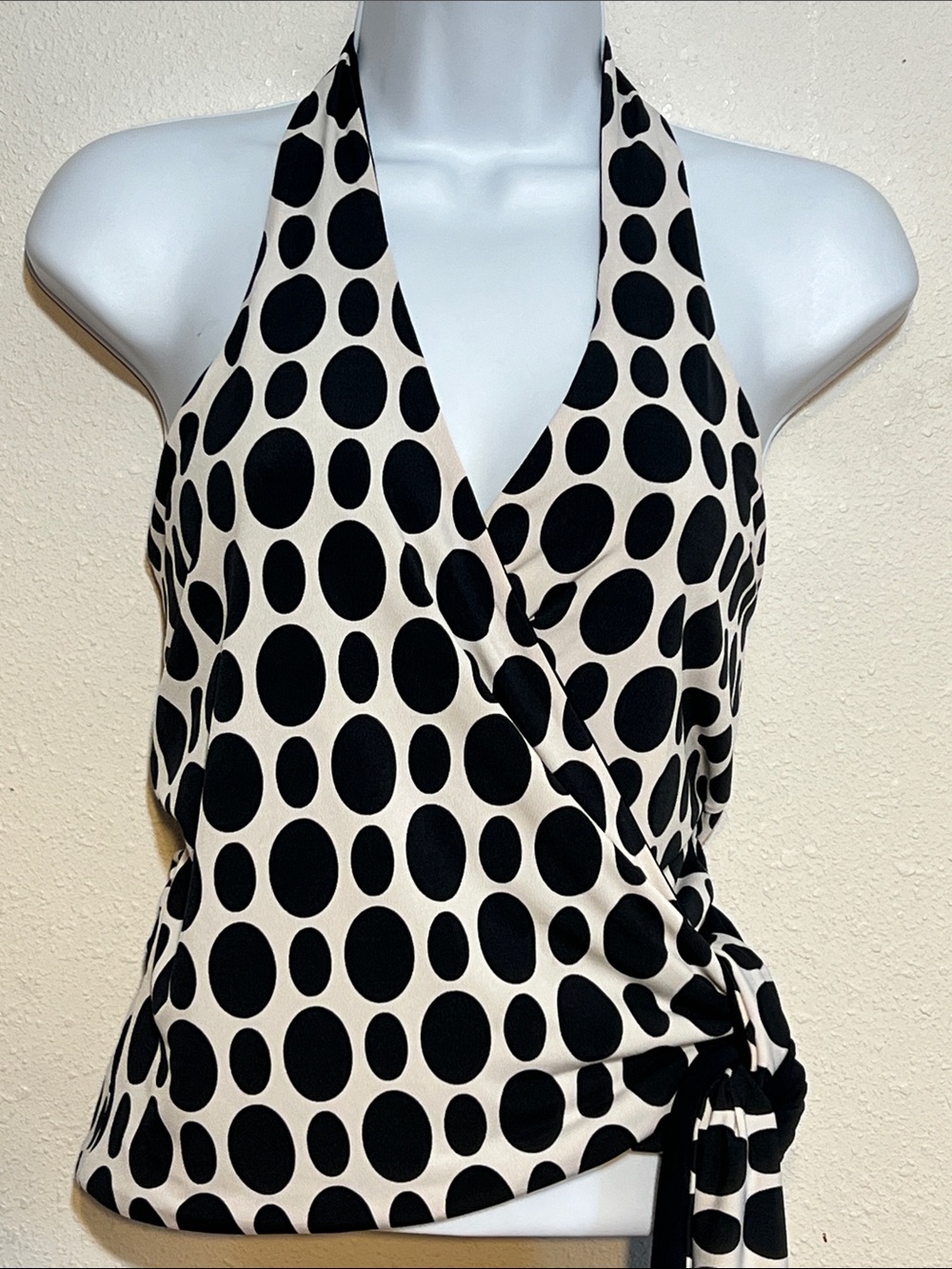 Kenar Vintage Black & White Reversible Polka Dot Wrap Halter Top Size Small